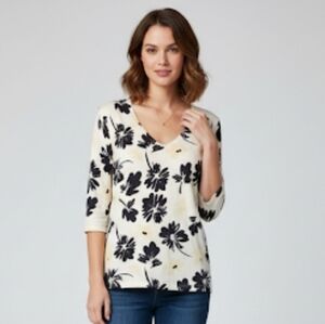 Saks Fifth Avenue Vintage Black and Cream Floral Vneck Blouse